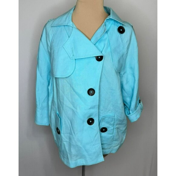 Chicos Womens Size 3 Cropped Linen Trench Jacket Light Blue Adjustable Sleeves - Picture 13 of 13